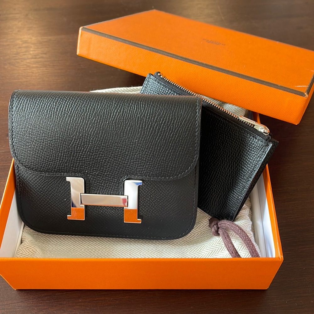 NEW BLACK AND SILVER HERMES CONSTANCE SLIM WALLET